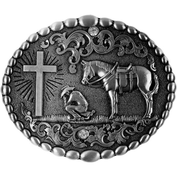 Women\'s Oval Silver Religion Cross Kneeling Prayer And Horse Design Belt Buckles main image 5